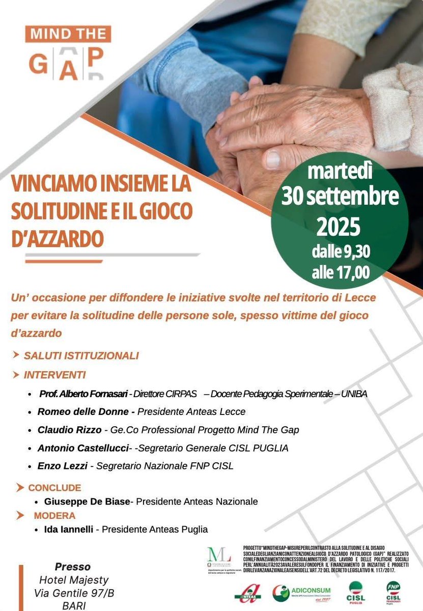 #30settembre
Iniziativa <a href="/anteasnazionale/">Anteas</a> su #ludopatia, <a href="/CastellucciAnto/">Antonio Castellucci</a>: piaga preoccupante anche in #Puglia, #Cisl impegnata al contrasto del fenomeno. Rendere servizi di cura e #prevenzione più accessibili, azioni condivise con istituzioni, mondo scientifico, Forze dell’Ordine