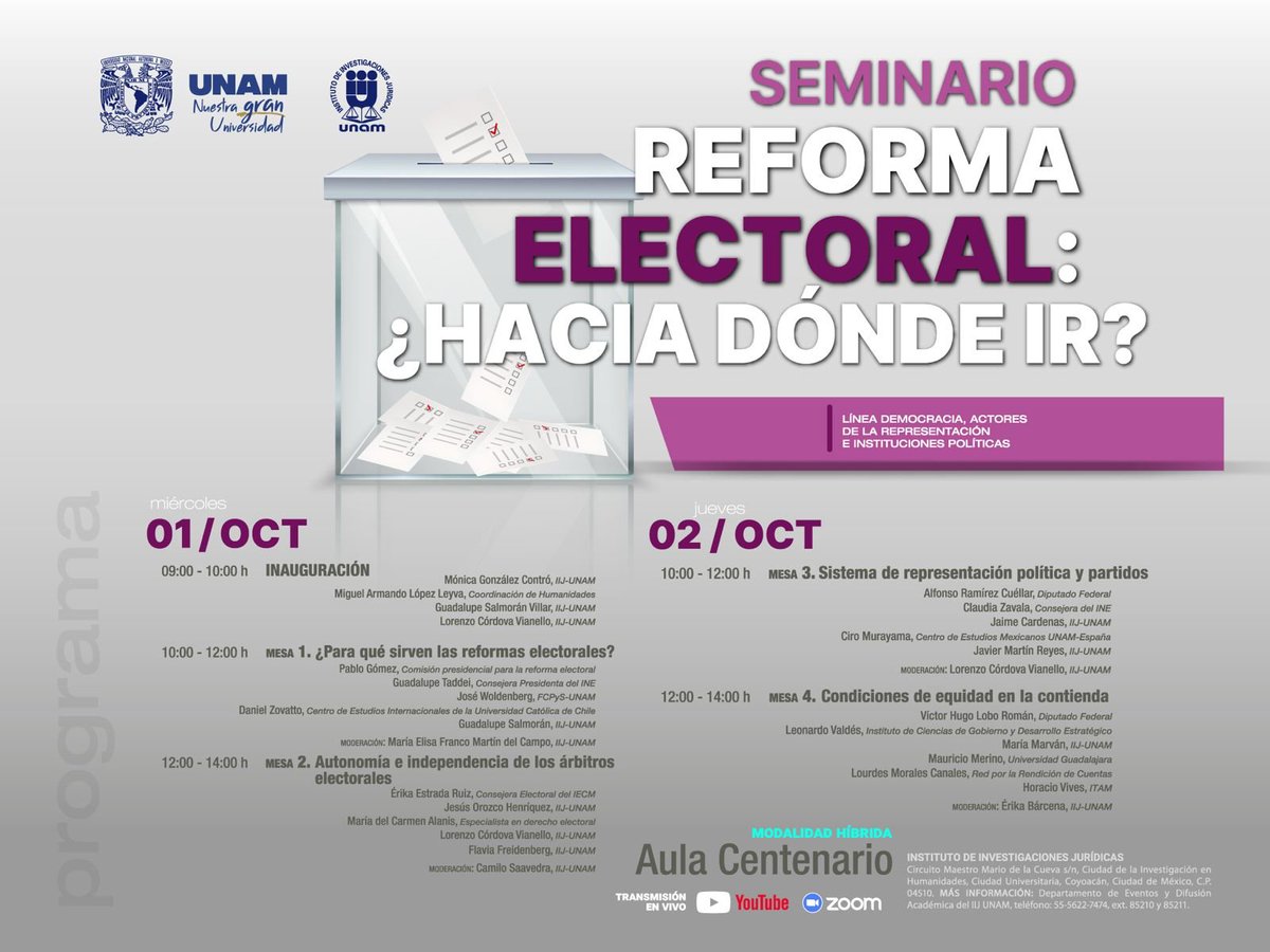 🚨#ReformaElectoral: ¿Hacia dónde ir?  

Nos vemos mañana en el seminario convocado por el <a href="/IIJUNAM/">Instituto de Investigaciones Jurídicas, UNAM</a> para un diálogo sobre los desafíos y el futuro de nuestras instituciones democráticas 🗳️✅

Contaremos con la participación de personas expertas, ¡Conóceles! 👇
