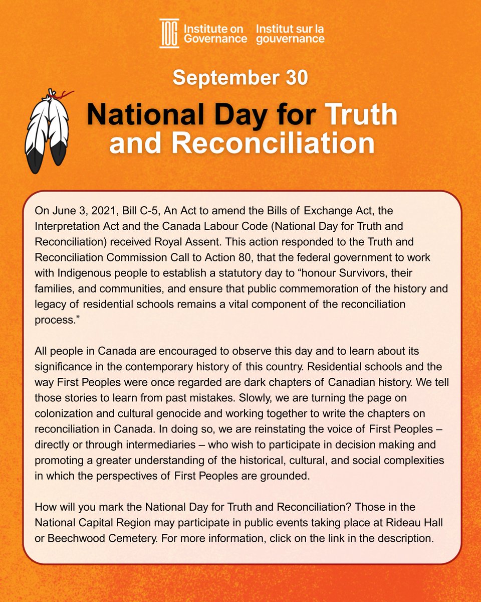 Institute on Governance (@iogca) on Twitter photo September 30 is the National Day for Truth and Reconciliation.
This day honours Survivors, their families, and communities, and ensures the history and legacy of residential schools remain a vital part of Canada’s story as we work together toward reconciliation. September 30 is the National Day for Truth and Reconciliation.
This day honours Survivors, their families, and communities, and ensures the history and legacy of residential schools remain a vital part of Canada’s story as we work together toward reconciliation.