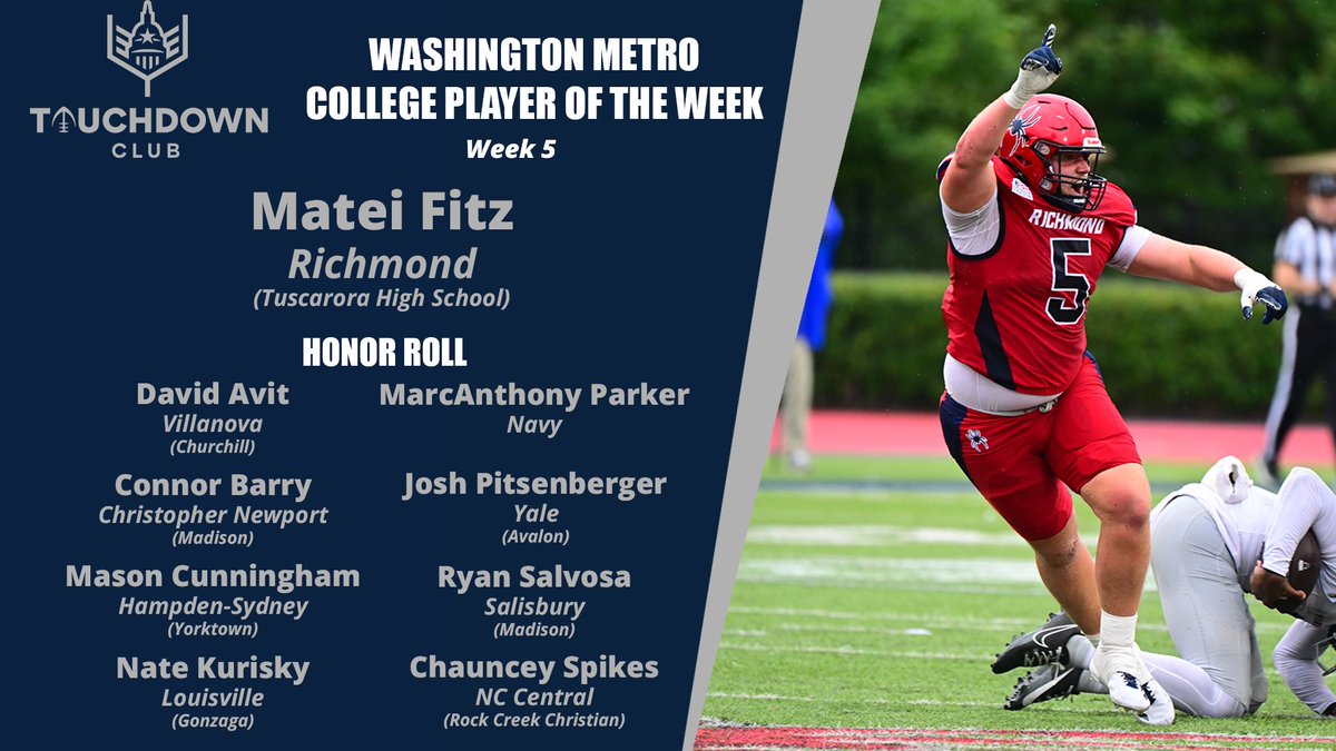 The #TouchdownClub College Player of the Week is Richmond DL Matei Fitz from <a href="/TuscaroraFB/">Tuscarora Football, Leesburg, VA</a> 

Fitz made seven tackles and intercepted a pass midway through the fourth quarter which set up the go-ahead score as the Spiders rallied for a 13-12 win over Howard.