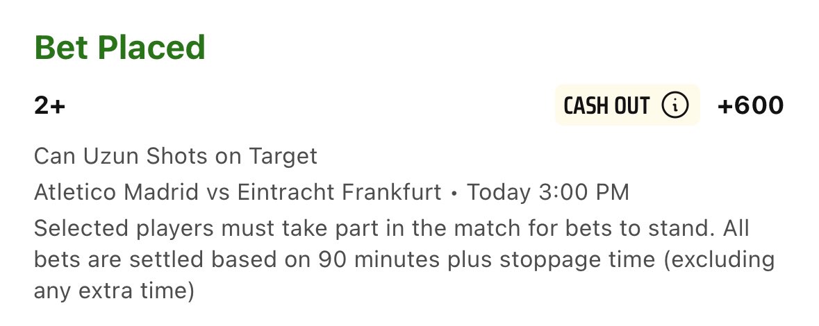 Hey, it’s exo back with another UCL free play.

Let’s go for a player prop today. I love how well Can Uzun has been playing this season, and they are going to need all the help they can get today against a formidable Atletico side. Uzun has at least 1+ sot per game this season,