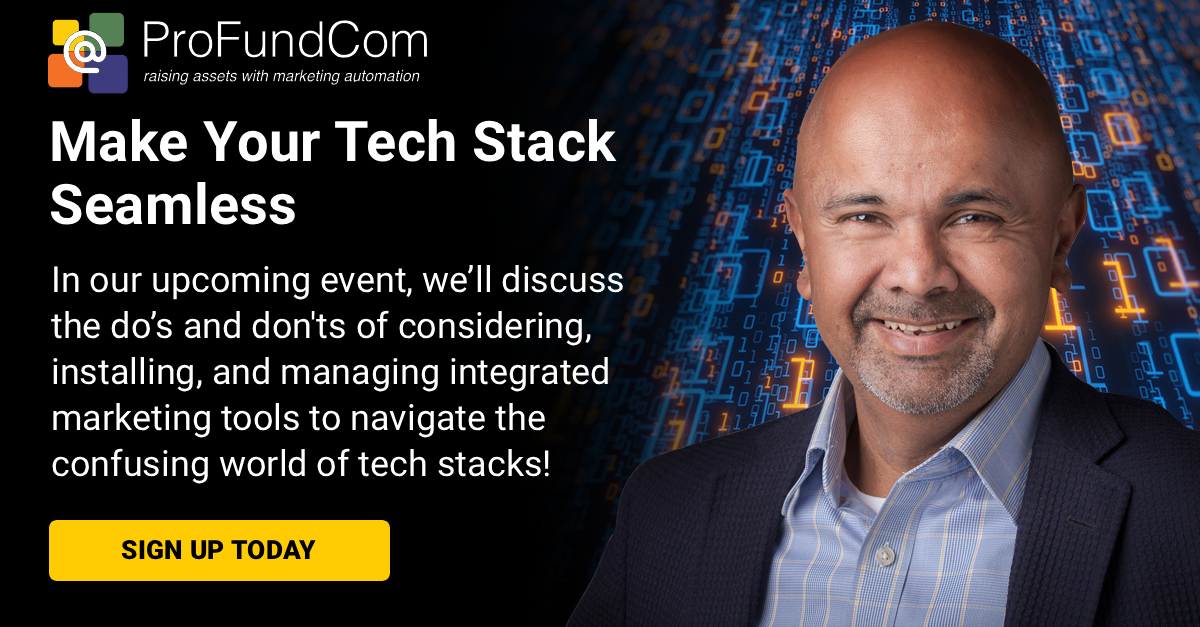 ProFundCom's tweet image. ⚙️ Fund marketing tech stacks can be game-changers, or costly chaos. On 3 Oct, join Paul Das to learn how to build an integrated system that saves time &amp;amp; drives AuM. Replay for all registrants 👇

pfc.ltd/?NDQ5MDQ 

#FundMarketing #MarTech #AssetManagement…