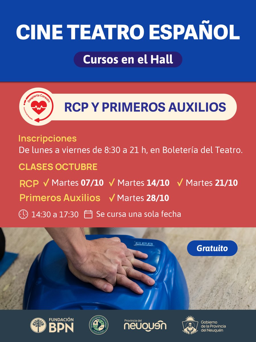CLASES DE RCP Y PRIMEROS AUXILIOS 
CINE TEATRO ESPAÑOL NEUQUÉN
Inscripciones abiertas