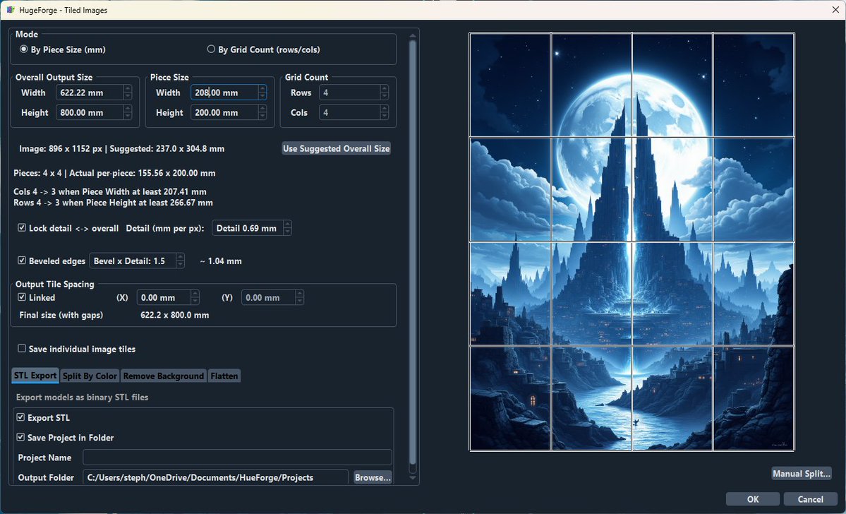 Working on finalizing HueForge v0.9.2 as well as FlatForge for release today.

Today's release will be Windows and MacOS only.  The Linux release will be next week.  I do not yet have a final time for this release.  But I do have a surprise!

HugeForge - an automatic tiler to