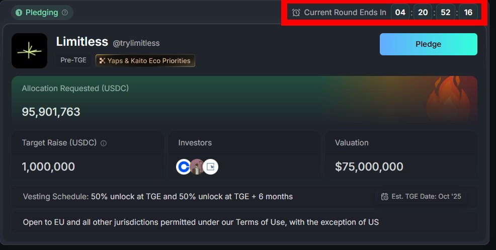 진짜 딸깍 복사 알려드림

야핑도 야핑인데 <a href="/trylimitless/">Limitless</a> 이거 세일 참여하셈
나도 1~3억정도 박을거임 이미 50배 초과청약이라 환불좀됨.

최소 $1,000 최대 $250,000인데 
최소 참여 금액으로 다계정 가자가 핵심임. 
근데 그냥 참여하지말고 

1. 야핑도 야핑인데 <a href="/trylimitless/">Limitless</a> 리밋리스 있음
2.