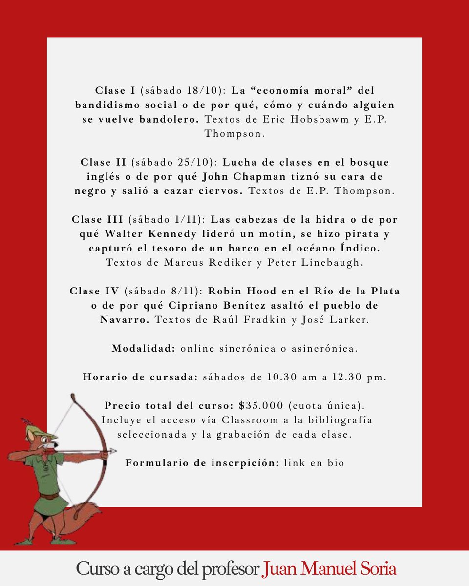 🏴‍☠️"Bandidos, piratas y gauchos" es un curso que mira la historia desde abajo. 

📚Info en las imágenes.

📍¡Pedime el link de inscripción por DM!