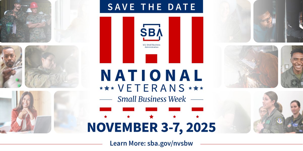 SBAgov's tweet image. Mark your calendar! National Veterans Small Business Week kicks off November 3! 

All week long, SBA, our resource partners, and organizations across America will host events focused on helping entrepreneurs in military and veteran communities start and grow businesses. 

Learn…
