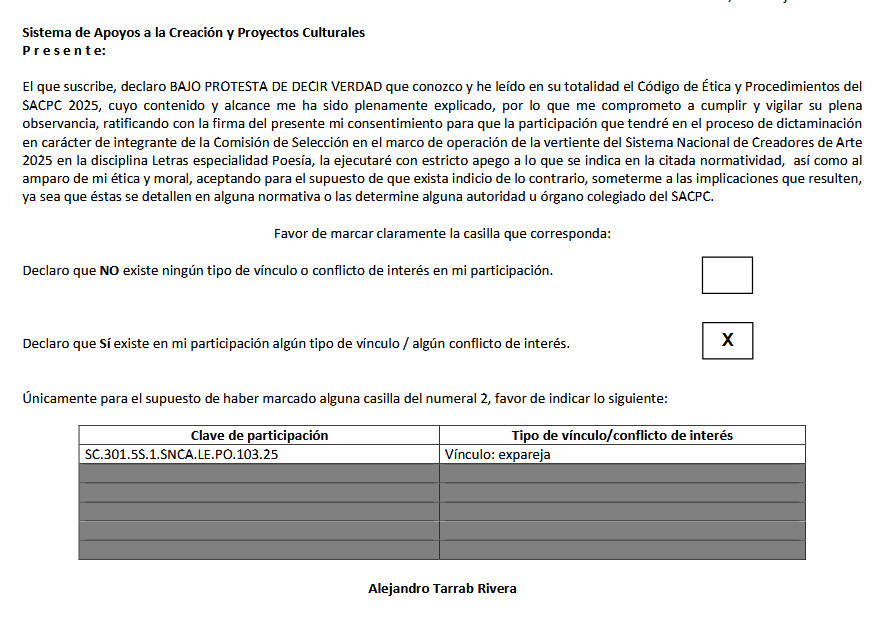 Que un jurado del SNCA le asigne una beca al que fue jurado de la estancia literaria que ganó es sospechoso. Que ese mismo becado sea director de la escuela de escritura en donde da clases el jurado, ya da qué pensar. Ah, pero como hay declaración de vínculo, seguro ni se conocen