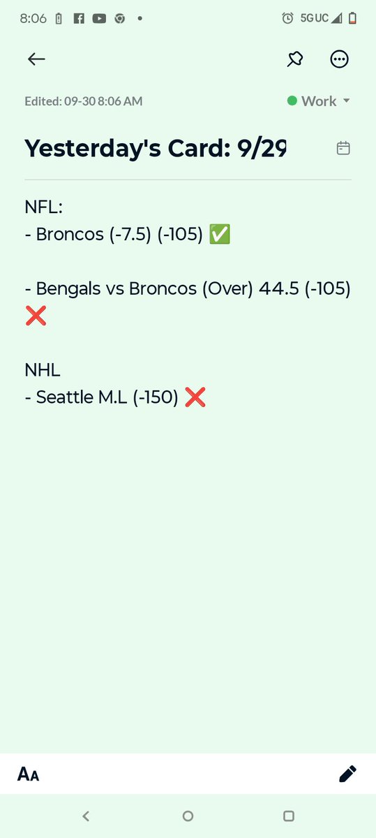 PICKS LAURENT (@pickslaurent) on Twitter photo π Yesterdayβs Recap β Sept 29
π NFL:
βοΈ Broncos -7.5 (-105) <a href="/ESPNBET/">ESPN BET</a>
β Bengals vs Broncos Over 44.5 (-105) @FANDUEL
π NHL:
β Seattle M.L (-150) @FANDUEL
1-2 day on the board. We bounce back today ππ₯
β’
β’
β’
#NFL #NHL #SportsBetting #GamblingTwitter #BettingPicks π Yesterdayβs Recap β Sept 29
π NFL:
βοΈ Broncos -7.5 (-105) <a href="/ESPNBET/">ESPN BET</a>
β Bengals vs Broncos Over 44.5 (-105) @FANDUEL
π NHL:
β Seattle M.L (-150) @FANDUEL
1-2 day on the board. We bounce back today ππ₯
β’
β’
β’
#NFL #NHL #SportsBetting #GamblingTwitter #BettingPicks