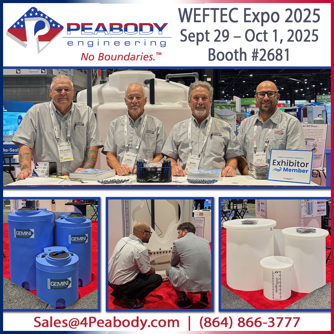PeabodyTanks's tweet image. @WEFTEC Expo 2025 - Day 2 - can't wait to meet you! Let us show you how our Peabody Tanks can help with your needs - Booth #2681.
 
 #WEFTEC #WEFTEC25 #WEFTEC2025 #PeabodyEngineering #PeabodyTanks #PeabodyProducts