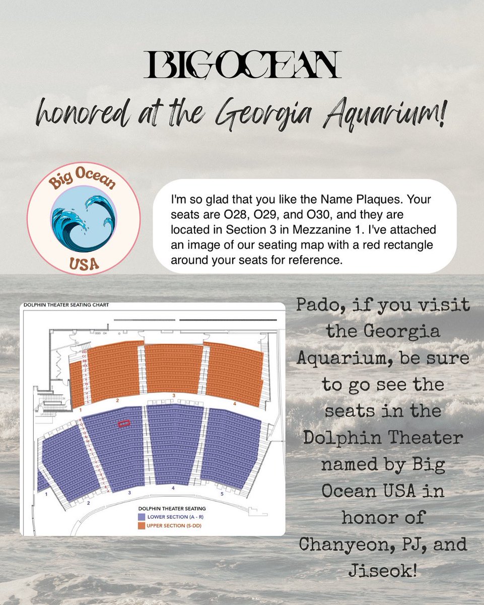 Pado, we’re pleased to share that to celebrate Big Ocean’s visit to Atlanta, Big Ocean USA has named three seats in the Georgia Aquarium’s Dolphin Theater in honor of Chanyeon, PJ, and Jiseok!
🐬 
If you have a chance to visit the aquarium, be sure to go see their seats! 🩵