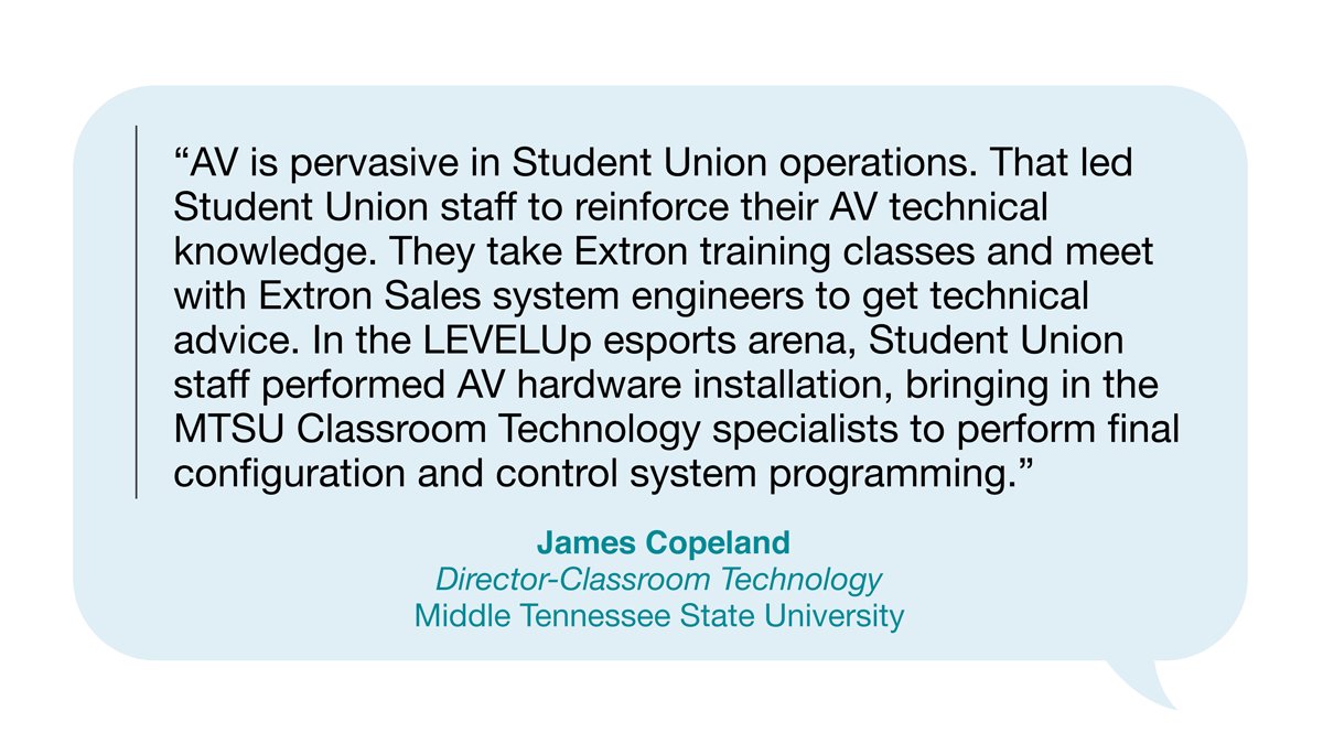 Extron's tweet image. The Middle Tennessee State University LEVEL🡩Up esports arena draws people from all across campus to the Student Union Building to experience esports action, brought to life by Extron AV technology. The arena boasts 24 gaming PC stations, a coaching station, a shoutcasting booth,…