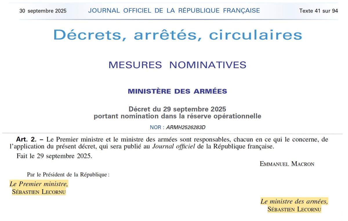 Le 1er ministre <a href="/SebLecornu/">Sébastien Lecornu</a> et le ministre des armées <a href="/SebLecornu/">Sébastien Lecornu</a> viennent de signer conjointement un décret.

Est-ce que le 1er ministre Lecornu touche aussi le traitement du ministre des armées Lecornu ?

Est-ce qu'un 1er ministre peut diriger l'armée ?

legifrance.gouv.fr/jorf/id/JORFTE…
