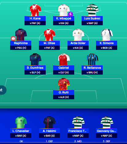 why505er1ous's tweet photo. #UCLFantasy 
 Two options:
1. Use 2 FT: Suarez and Rafinha on Thuram + Foden / Haaland + Reijnders.
2. Use Limitless (if Mbappe is on the bench, I think this option will definitely be chosen). https://t.co/xExKNXYS7O
