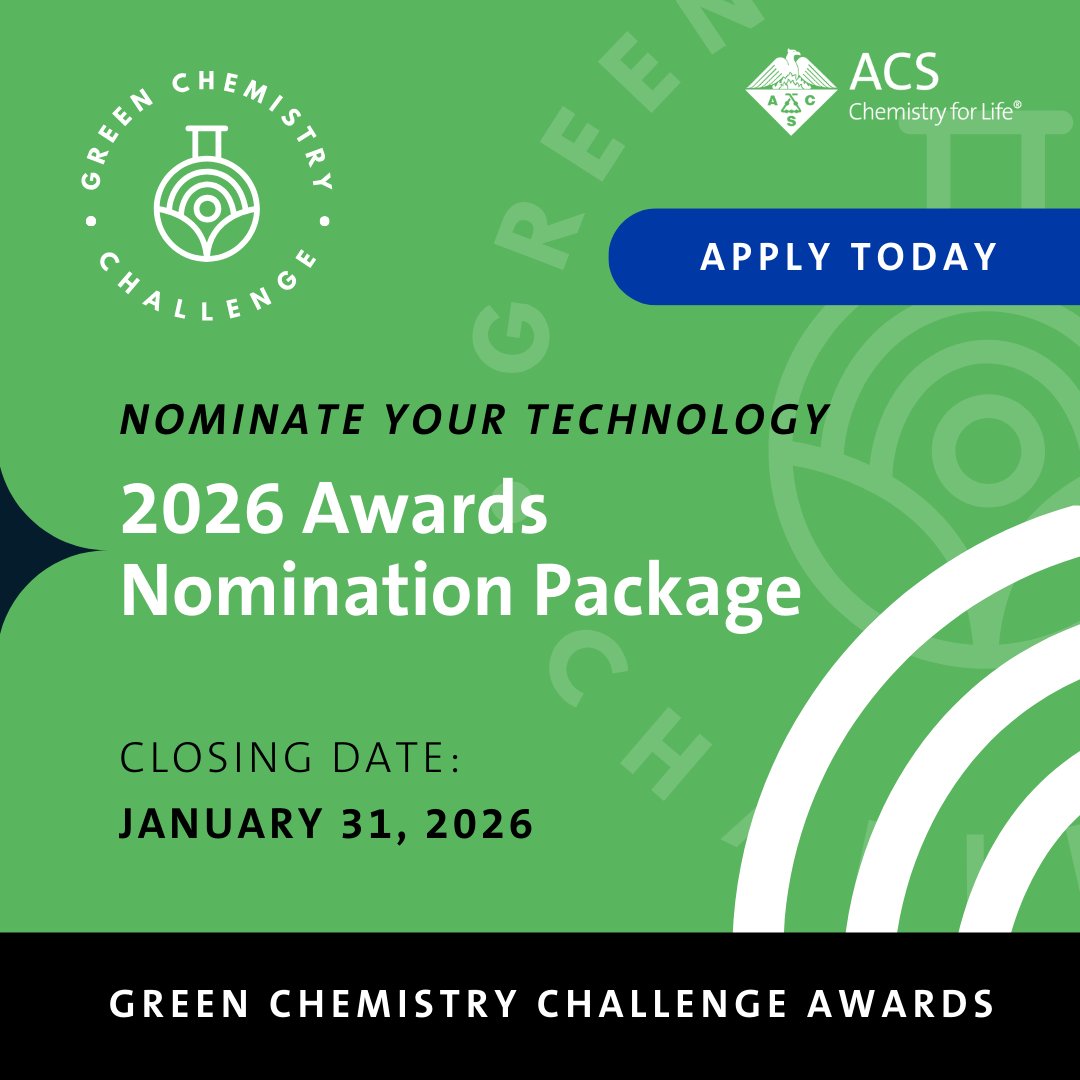 ACSGCI's tweet image. Nominations are OPEN for the 2026 Green Chemistry Challenge Awards 🏆 Recognizing tech that cuts hazards, saves energy/water &amp;amp; boosts sustainability.

🔗 Ready to apply? brnw.ch/21wWe4l

Questions? Join the webinar TODAY for tips &amp;amp; updates 👉 brnw.ch/21wWe4k