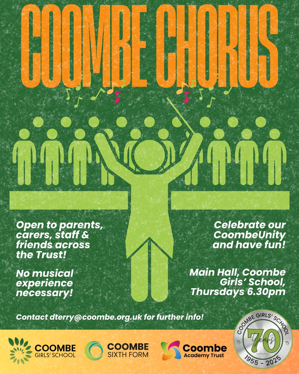 Like singing and fancy joining a choir? Coombe Chorus is the answer! Mr Terry has started a fantastic new class, open to all parents, carers, staff and friends across #CoombeAcademyTrust. The class takes place every Thursday 6.30pm-8.15pm

@coombeacademytrust @coombeboysnews