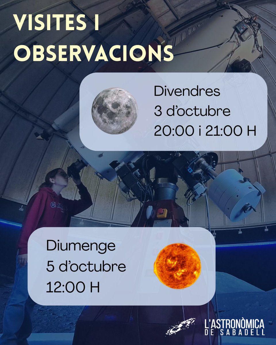 🌙✨ Observa la Lluna i el Sol amb telescopis especialitzats!
🔭 Descobreix cràters, taques solars i molt més en sessions guiades d’1h.
🎟️ Entrades a 👉 astrosabadell.org