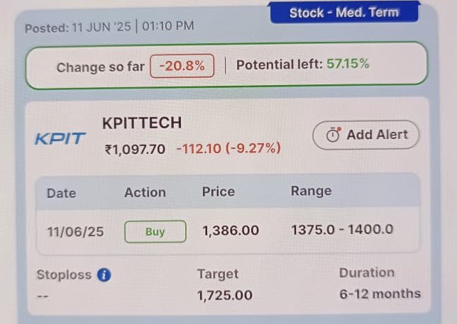 ritikgpt22's tweet image. Another example from this shitty app called Univest

KPIT Technology 20% down from their recommend price
#kpittech

Never ever invest your money to buy the subscription for any SEBI RA app