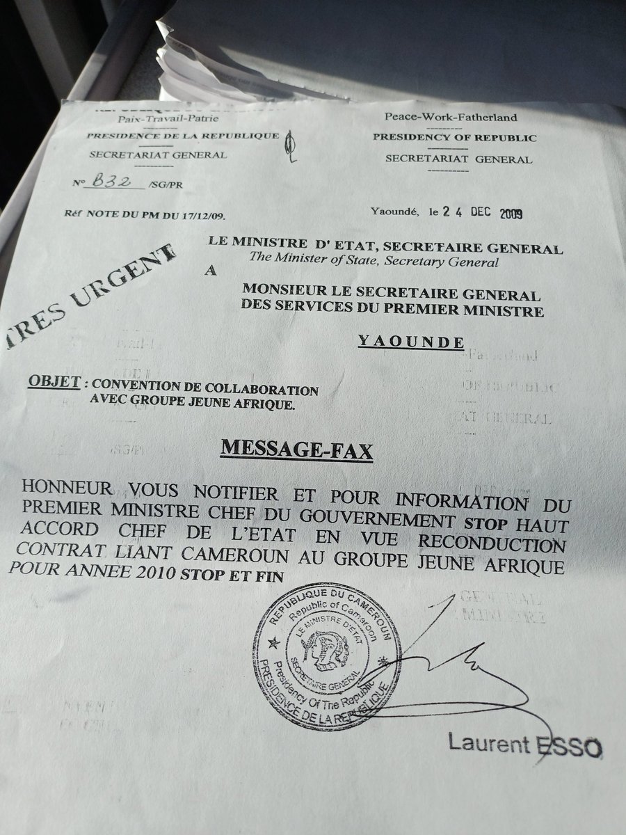 QUAND L'AFRIQUE BASCULE mon nouveau livre à paraître chez l'Artilleur le 8 octobre prochain vous révèle, en exclusivité sur le Cameroun, ce document inédit sur l'argent reçu par le journal JEUNE AFRIQUE pour aider le régime lors de la campagne présidentielle de 2011. Signé Esso L