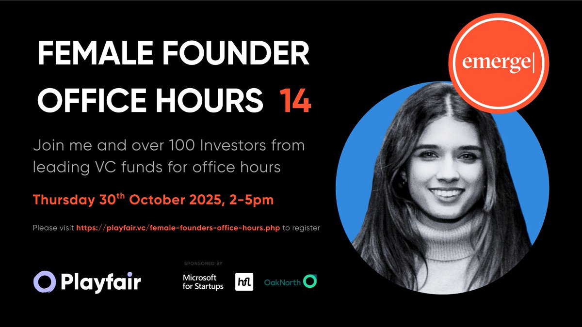 I'm excited to be participating in Europe-wide Female Founder Office Hours, hosted by <a href="/playfaircapital/">Playfair</a> on 30th October.

120 VCs are collaborating to support 200+ female founders

Register here: playfaircapital.typeform.com/to/HjlxjHi0?ty…