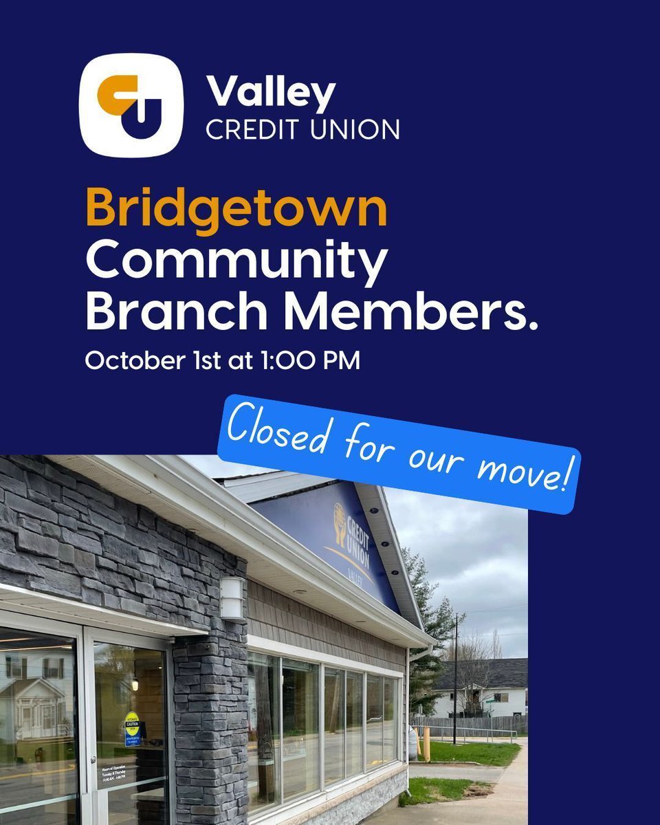 📆 𝗨𝗣𝗗𝗔𝗧𝗘 / 𝗥𝗲𝗺𝗶𝗻𝗱𝗲𝗿: Our Bridgetown Community Branch will close early tomorrow, Wednesday, October 1, 2025, at 1:00 PM to prepare for our move. We expect to reopen on Monday, October 6. ATM services will resume as soon as possible.

Check our website for updates.
