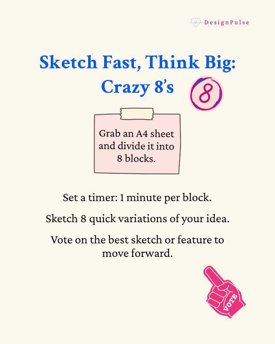 DesignPulse0's tweet image. Great design doesn’t start in Figma—it starts with ideas 💡

2 quick ideation tools every designer should know:
✨ HMW (How Might We) → turn problems into opportunities
✨ Crazy 8’s → sketch fast, think big
Which one’s your go-to? 👇
#UXDesign #DesignThinking #Ideation
