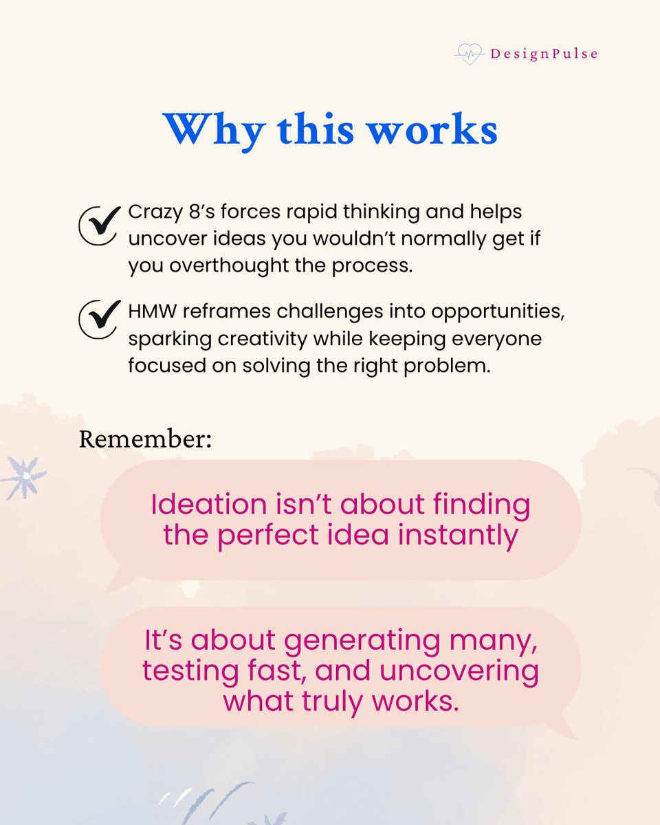 DesignPulse0's tweet image. Great design doesn’t start in Figma—it starts with ideas 💡

2 quick ideation tools every designer should know:
✨ HMW (How Might We) → turn problems into opportunities
✨ Crazy 8’s → sketch fast, think big
Which one’s your go-to? 👇
#UXDesign #DesignThinking #Ideation