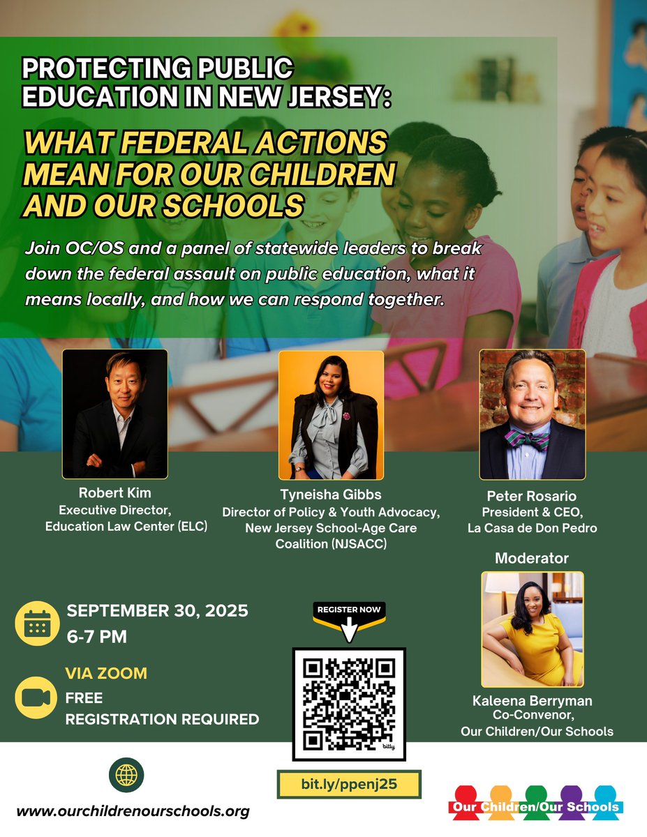 Join us TONIGHT, September 30th, 2025 (6:00–7:00 PM ET), as Our Children/Our Schools hosts a virtual webinar on the state of public education in NJ and the impact of recent federal policy shifts.

➡️ Register for FREE at us06web.zoom.us/webinar/regist….