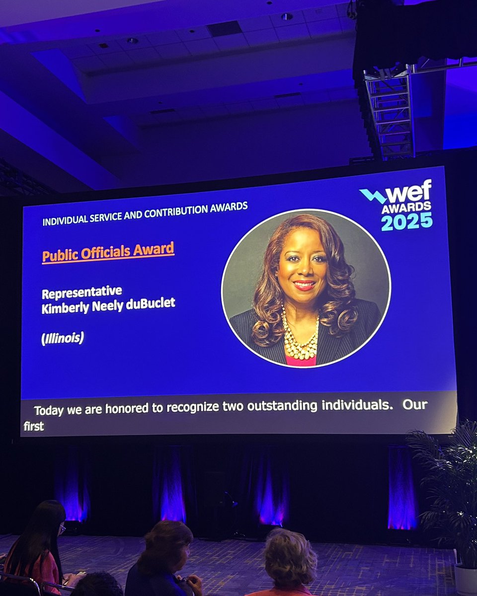 MWRDGC's tweet image. Congratulations to Illinois State Rep. Kimberly Neely duBuclet, District 5, on receiving the @WEForg Public Officials Award at #WEFTEC on Sept. 29! The former MWRD vice president was recognized on for her service and contributions.

#WEFTEC25 #MWRD #CookCounty #Chicago #Illinois