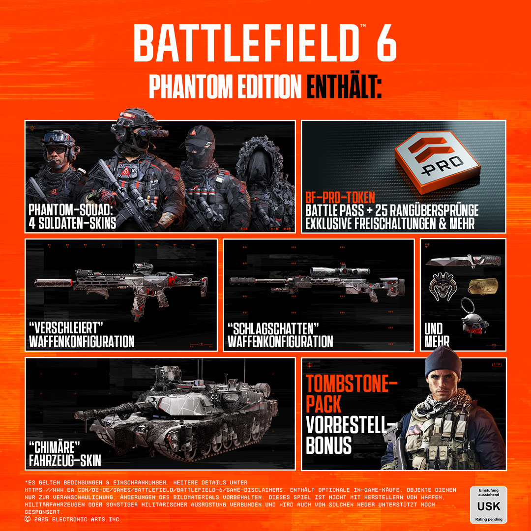 PlayStationDE's tweet image. Die #PhantomEdition von #Battlefield6 bringt noch mehr 🔥
Squad-Skins, Waffen-Configs, Fahrzeug-Skin „Chimäre“ und BF-Pro-Token für extra Freischaltungen.

Hier geht’s zur #PhantomEdition 👉 ps.playstation.com/YXzrS2aWTq