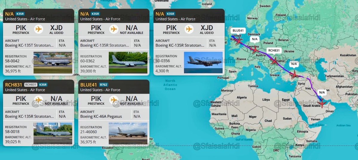 MonitorX99800's tweet image. 🇺🇸🇶🇦⚡️ — The US Air Force tankers that arrived in the UK yesterday are now en route to Al-Udeid Air Base in Qatar, with several of them dragging fighter jets.