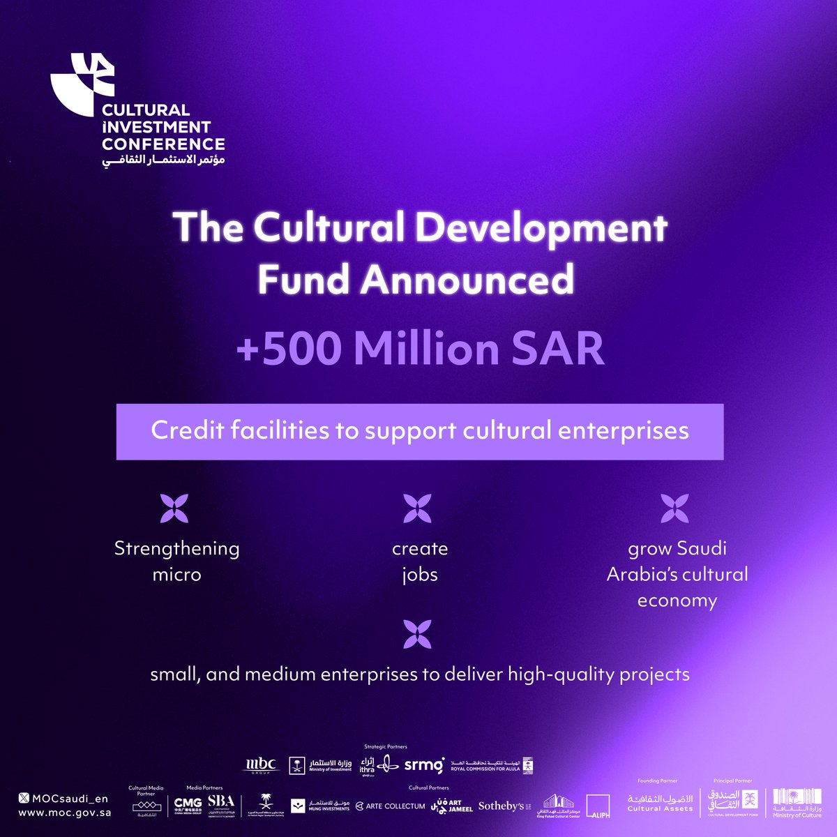 Saudi Arabia Ministry of Culture (@mocsaudi_en) on Twitter photo The <a href="/cdf_sa/">الصندوق الثقافي | CDF</a> has launched SAR 500 million in credit facilities to empower SMEs in culture. The funding will drive GDP growth, create entrepreneurship opportunities, and position culture as a driver of innovation and economic sustainability.
#SaudiMinistryOfCulture The <a href="/cdf_sa/">الصندوق الثقافي | CDF</a> has launched SAR 500 million in credit facilities to empower SMEs in culture. The funding will drive GDP growth, create entrepreneurship opportunities, and position culture as a driver of innovation and economic sustainability.
#SaudiMinistryOfCulture