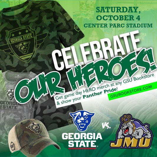 GSUCampusSrvcs's tweet image. Get ready for Game Day this Saturday! This week we celebrate our HEROES! Merch available at any GSU Bookstore. gsubookstore.com