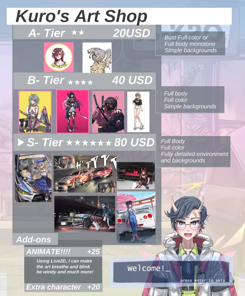 Welcome to my Art Shop!! 🖌️
If you'd like to support me and my art and have a cool art for yourself ❤️
I can draw and animate! 

Please consider supporting  I use it for my other expenses in med school.

 (18+ comm is allowed)    
#artist #commission #Vtuber #Illustrator