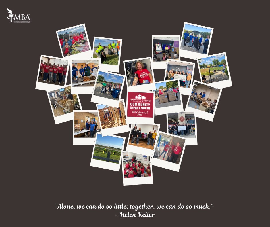 As we conclude our 10th Annual Community Impact Month, we extend our sincere appreciation to the 88 banks &amp; 425 branches that participated. We look forward to seeing the impact you will continue to create in the months ahead. 

#BanksBuildMN

minnbankers.com/CommunityImpac…