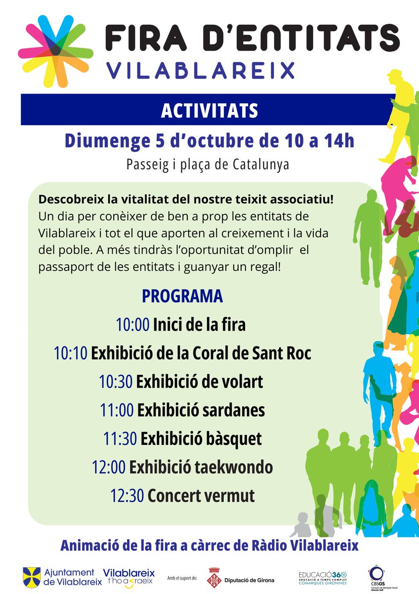 Descobreix la vitalitat del nostre teixit associatiu!
Un dia per conèixer de ben a prop les entitats de Vilablareix i tot el que aporten al creixement i la vida del poble. A més tindràs l’oportunitat d’omplir el passaport i guanyar un regal!
#Vilablareix #Firadentitats