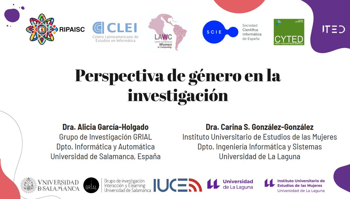 carina211's tweet image. Iniciando el curso de P"erspectiva de Género en la Investigación: Un enfoque práctico", con @aliciagh_ @grial_usal en el marco del proyecto internacional @RedIPAISC @Programa_CYTED donde participa el @IUEM_ULL @itedresearchg @ULL
#género #investigación #redes