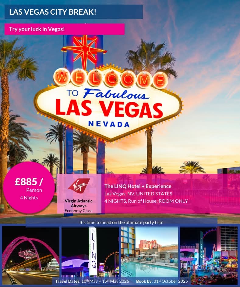 HHbyFiona's tweet photo. 🌇Las Vegas City Break!🎡🎰🎲🥂🃏
The LINQ Hotel + Experience
4 Nights - 2 Adults. departing London Heathrow with British Airways departing 10th May 2026 for 4 nights
holidayhappinessbyfiona@gmail.com or https://t.co/x2I3KY7nqs 
#LasVegas #USA #holiday https://t.co/vOwg2h1K2E