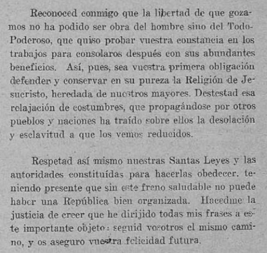 En su ultima declaración antes de morir, Sánchez Ramírez le pide al pueblo dominicano que mantengan la religión católica a todo costo, junto a las costumbres frente a relajamientos extranjeros. Agrega que, sin estos dos pilares, no se puede conformar una res pública sana.