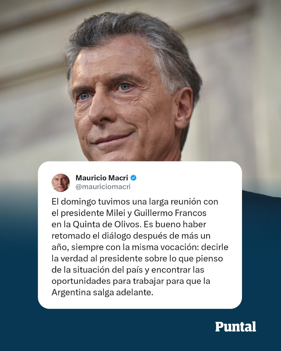 DiarioPuntal's tweet image. ▶️ #Macri confirmó reunión con #Milei en #Olivos y reveló de qué hablaron: “La verdad de lo que pienso del país”

💬 El expresidente publicó en X los detalles del encuentro del domingo. “Es bueno haber retomado el diálogo después de más de un año”, aseguró.
