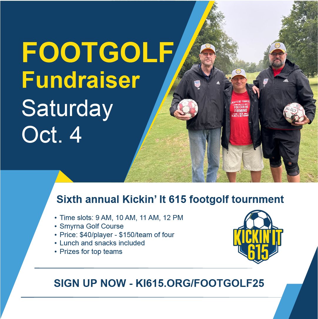 Kickinit615's tweet photo. ONE MORE DAY TO SIGN UP!

Support the mission of Kickin' It 615 by playing footgolf and winning great prizes.

Sign up with the link in the replies by tomorrow to ensure your spot. https://t.co/NLwBcSlDnP