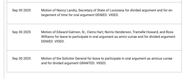 mcpli's tweet photo. In a series of orders this a.m., the Supreme Court has denied the request of Louisiana SoS Nancy Landry for separate argument time in the Callais case. The court also denied the request group of Black plaintiffs to participate at argument. https://t.co/z0utbLAjXG