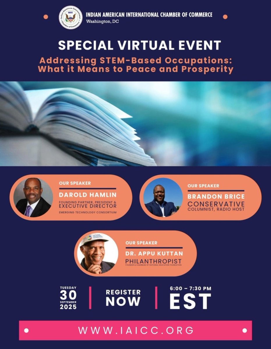 Please join the Indian American International Chamber of Commerce for a special virtual event Addressing STEM-based Occupations on Tuesday, Sept. 30 at 6pm ET. Don't miss this exciting event! Thanks to Shankar Rachakonda and the rest of IAICC for putting on the event.