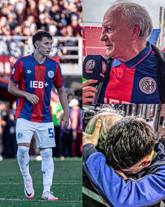 Agustín Ladstatter wearing a blue and red San Lorenzo jersey with the number 5, standing on a soccer field. An older man in a blue and red San Lorenzo polo shirt speaking into a microphone with the San Lorenzo logo. Agustín Ladstatter hugging the older man, both with dark hair, in an emotional embrace.
