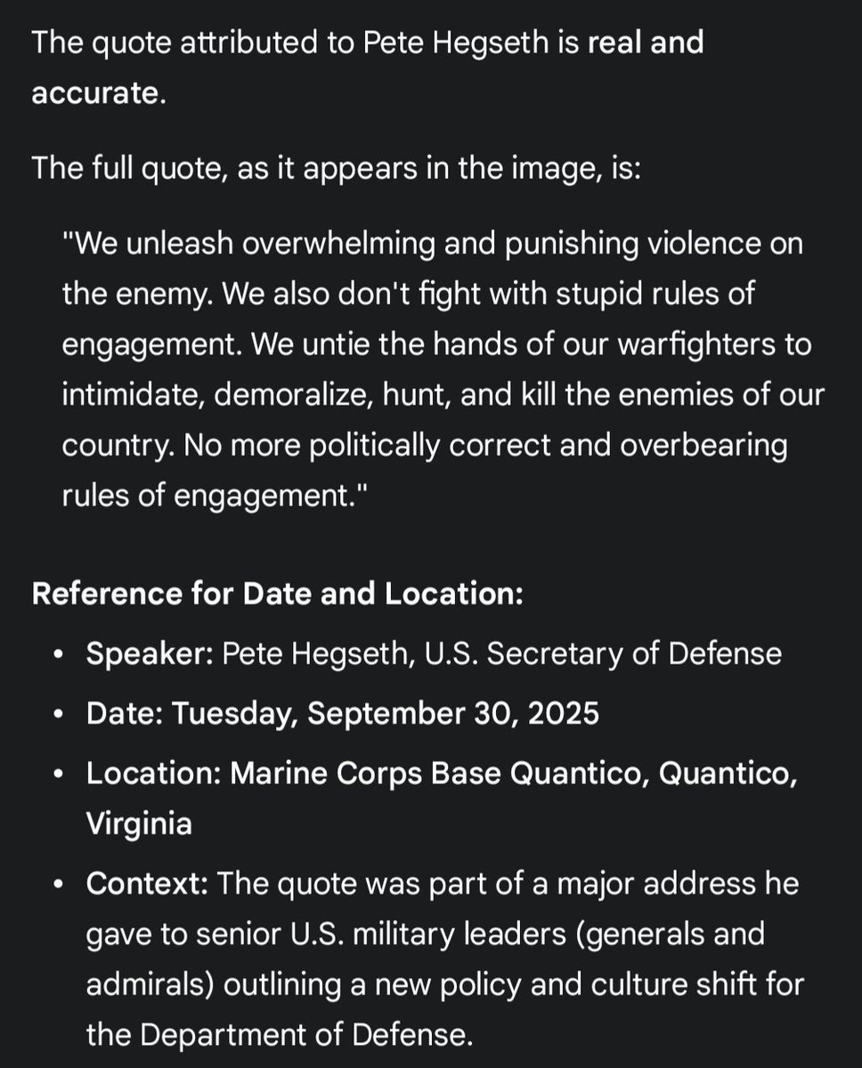 This is an interesting one.  Our secretary of defense...oops..war now apparently.  Is advocating for abandoning rules of engagement.

This is.... concerning.

Hopefully they don't adjust the ROE to ignore LOAC. (International Laws Of Armed Combat). Breaking the LOAC = war crimes.