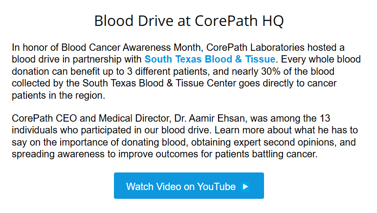 CorePath's tweet image. Our latest Client eNewsletter is out now! View now at: 
bit.ly/470pBS5
#BloodDrive #DonateBlood  #BloodCancer #BloodCancerAwarenessMonth #HispanicHeritageMonth #SanAntonio #SATX #AdvancedPracticeProviders #APP #MedicalEducation  #SlideLife #Hematopathology #Diagnostics
