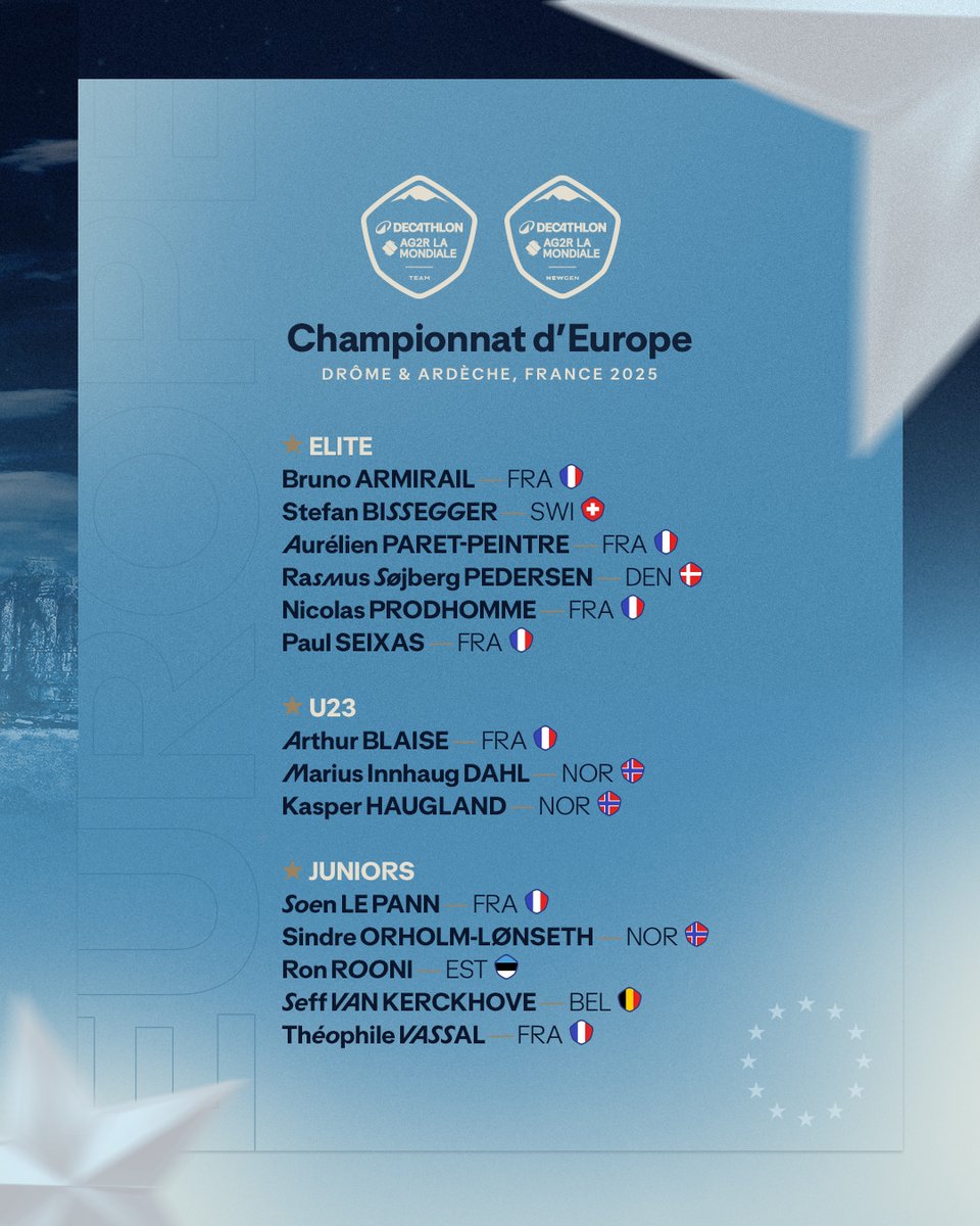 🇪🇺 Championnats d'Europe
📅 01.10 - 05.10

CLM / ITT
🇫🇷 <a href="/BrunoArmirail/">Armirail Bruno</a> 
🇨🇭 Stefan Bissegger

Course en ligne / Road race
🇫🇷 <a href="/AurelienParetP/">AurélienParetPeintre</a> 
🇩🇰 <a href="/rsojberg/">Rasmus Søjberg Pedersen</a> 
🇫🇷 <a href="/NicoProdhomme/">Nico_prdh</a> 
🇫🇷 <a href="/seixas_paul/">Paul Seixas</a> 

#DECATHLONAG2RLAMONDIALETEAM <a href="/Decathlon/">Decathlon</a> <a href="/AG2RLAMONDIALE/">AG2R LA MONDIALE</a> <a href="/van_rysel/">VAN RYSEL</a>