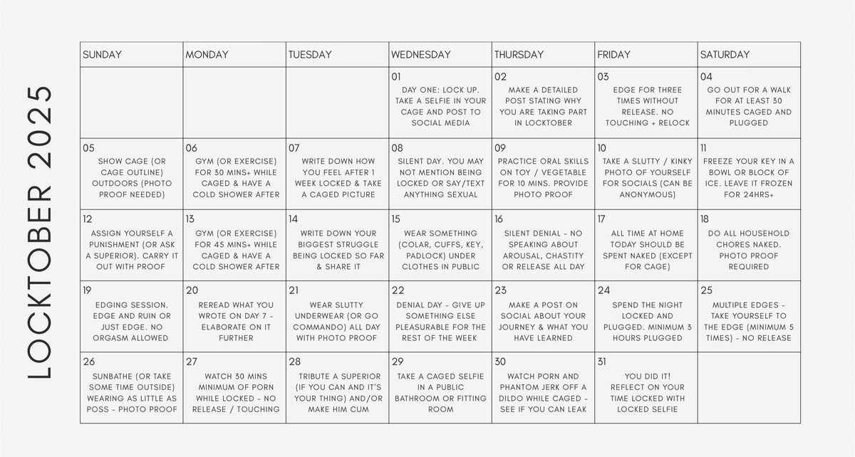 fagjoex's tweet photo. Locktober is just hours away, and while I’m caged already, I love locktober.

This year I have been instructed to create a locktober task calendar, which I will be following and completing the task each day…

Why not join me? 

#locktober #teamlocked #chastity @GayChastityRTs https://t.co/rdf1nCPt1Z