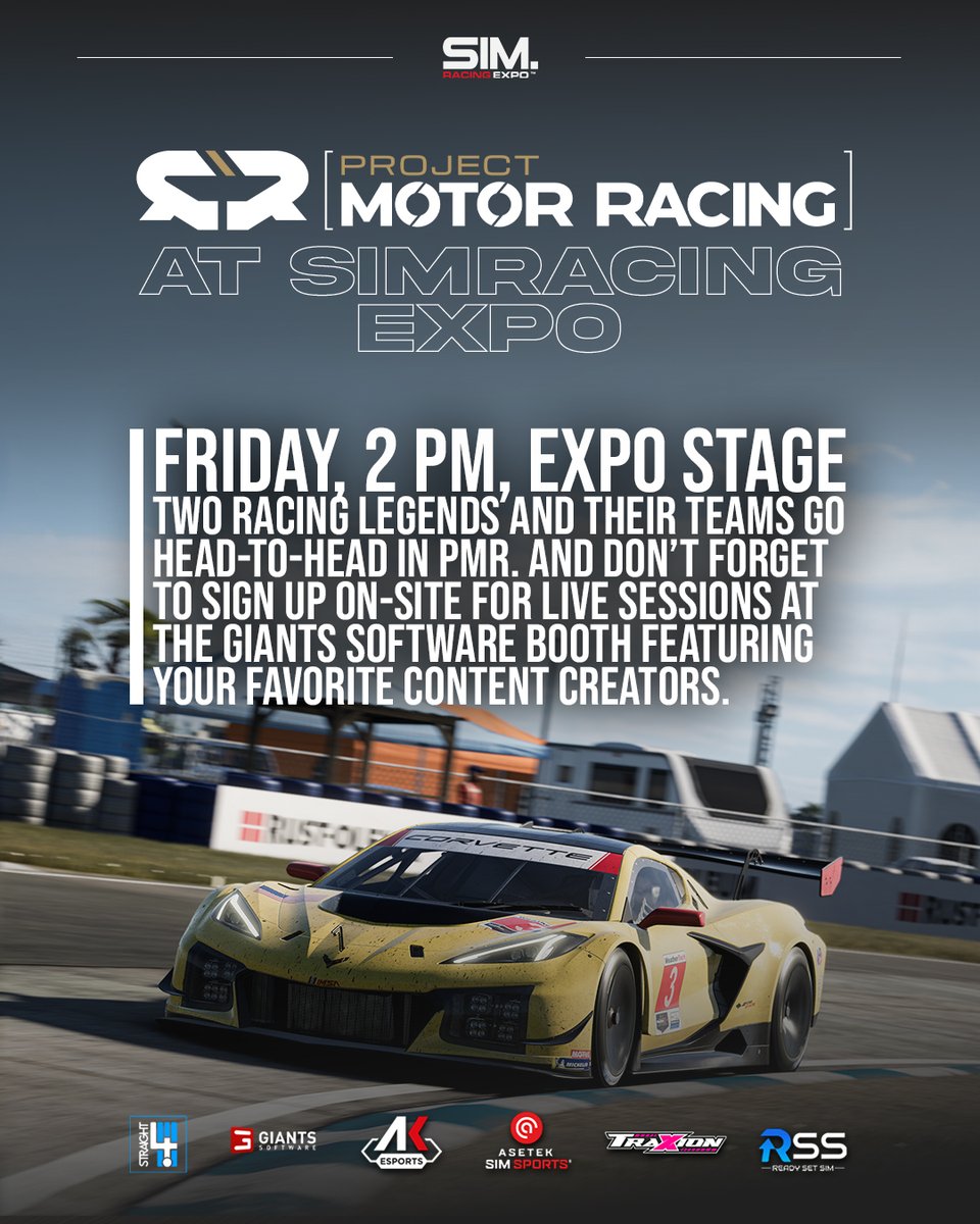 SimRacingExpo's tweet photo. Are you ready to experiencing the multiplayer of @projectmracing live at the SimRacing Expo?

You can play Project Motor Racing not only at the Giants Software booth alongside Farming Simulator, but also on the six simulators on the stage of the official SimRacing Expo.

With Project Motor Racing, Giants Software is bringing not just the next generation of racing simulations, but also returns the legendary era of GT1, GT2 and LMP1 cars to the public.

On Friday at 2 PM, don’t miss the Project Motor Racing gameshow live on the SimRacing Expo stage, where two surprise guests will go head-to-head with teams against each other.

For your daily entertainment dose of PMR at SimRacing Expo, there will also be a daily live program at the Giants Software booth with your favorite content creators!

Project Motor Racing launches on November 25, 2025, so come to the Expo, test it live on site, and secure your copy!

@S4SimRacing @GIANTSSoftware @TraxionGG 

#SimRacingExpo #ProjectMotorRacing #BringEarPlugs #SimRacing