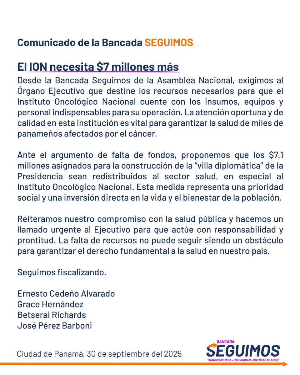 El Instituto Oncológico Nacional necesita $7 millones adicionales para insumos, equipos y personal que garanticen atención oportuna a miles de pacientes con cáncer.

Exigimos que los fondos destinados a la "villa diplomática" se redirijan a esta verdadera prioridad nacional.